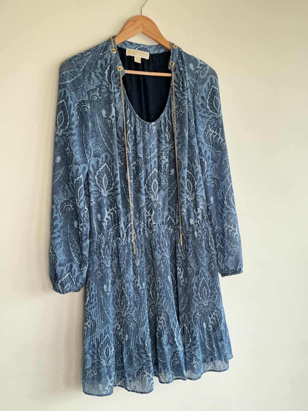 Cerulean Blue Paisley Dress Chain Neck Long Sleeve Pleated Skirt M Elegant - Picture 5 of 6